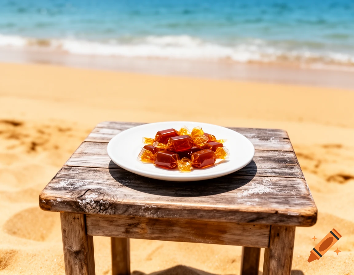 A plate of caramel candies sits on a rustic wooden table on a sandy beach with the ocean in the background.