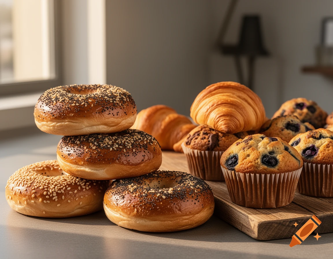 Freshly baked bagels, flaky croissants, and blueberry muffins artfully arranged on a wooden board.