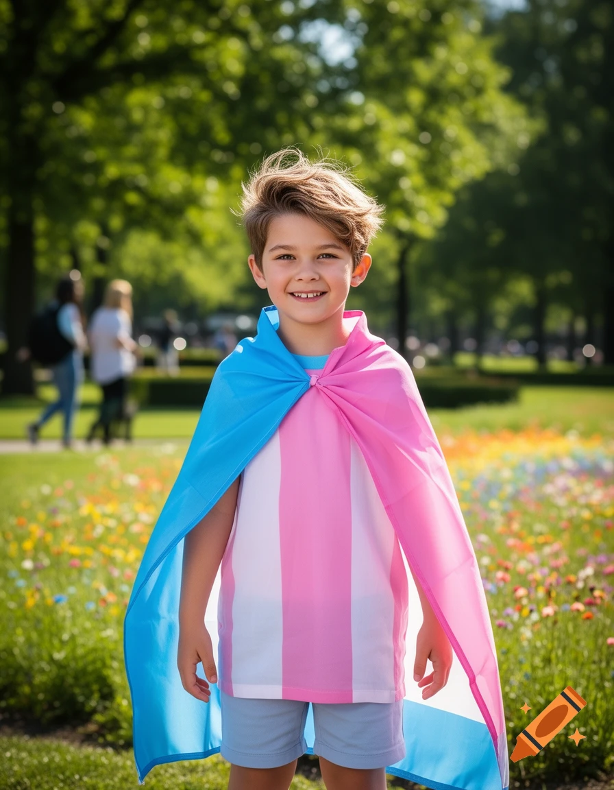 A smiling child wearing a blue, pink, and white trans flag cape and shirt, standing in a sunny park with flowers.