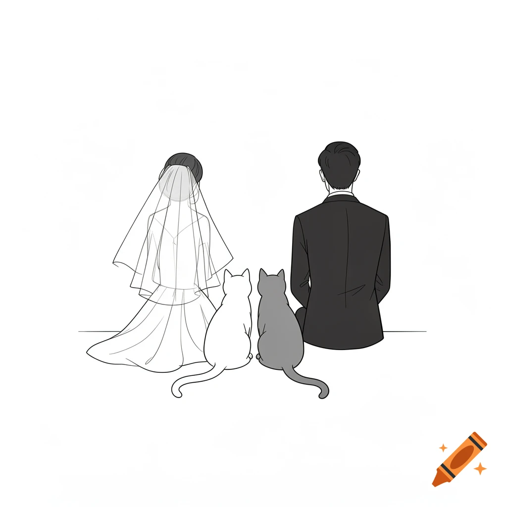 Minimalist comic art of a bride and groom seen from behind, sitting with a white cat and a grey cat against a white background.