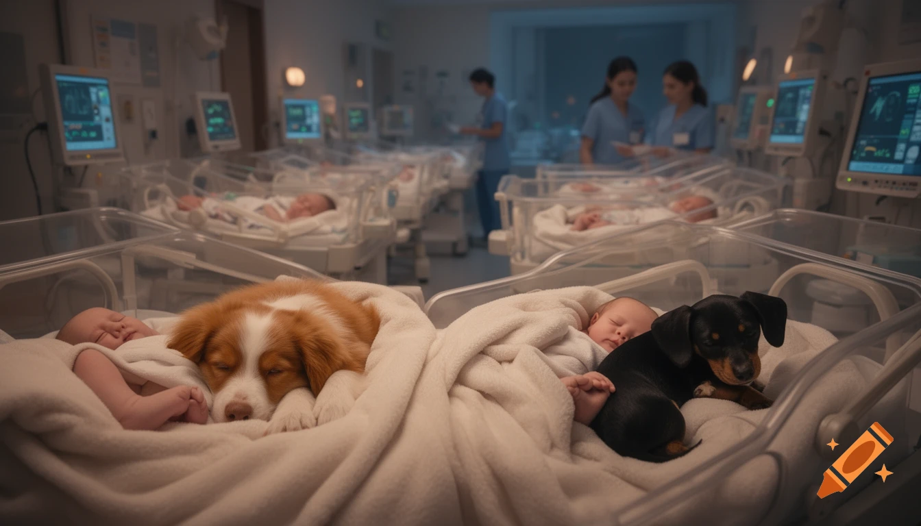 Photorealistic newborn babies sleeping with a red-and-white puppy and a black puppy in a hospital nursery.