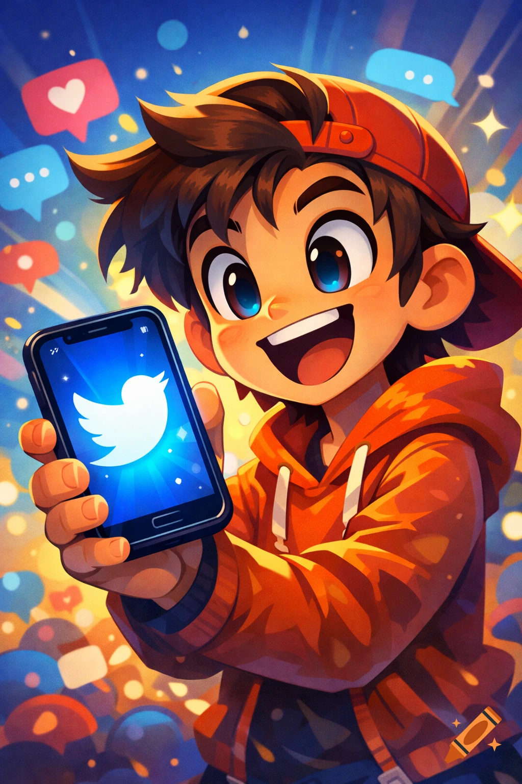 A smiling cartoon boy in an orange hoodie and red cap holds a smartphone displaying the Twitter bird logo.