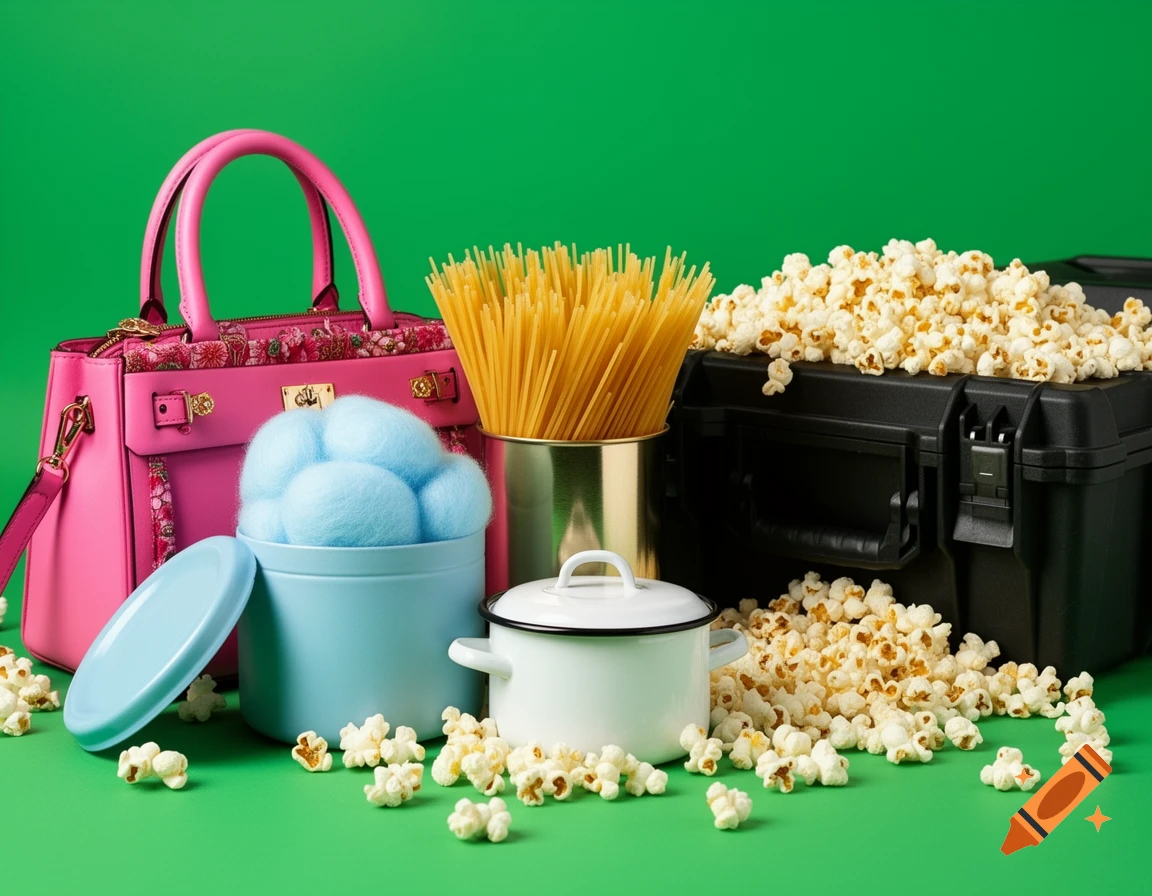 A vibrant still life with a pink handbag, blue container of fluff, spaghetti in a can, and a white pot, all surrounded by popcorn on a green background.