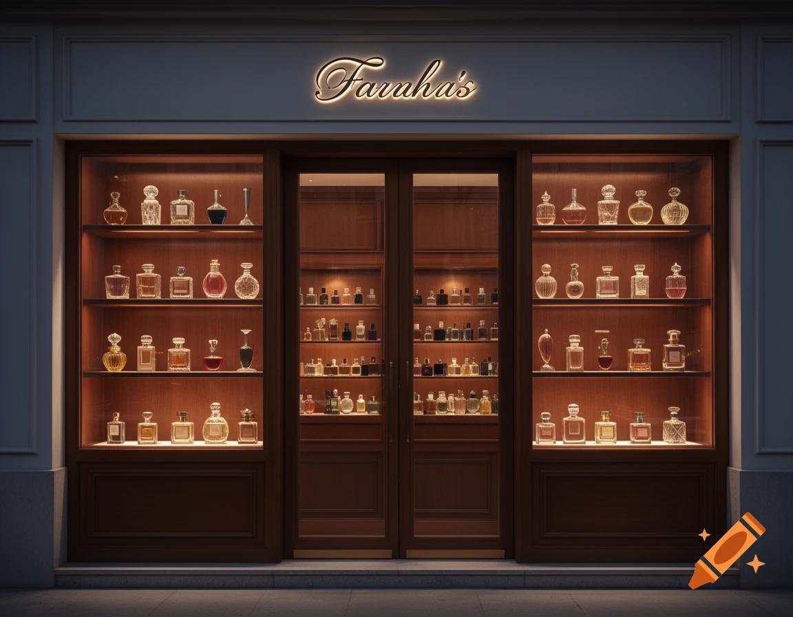 Exterior view of a beautifully lit perfume storefront named 'Faruha's' at night, showcasing numerous perfume bottles on wooden shelves. Photorealistic style.