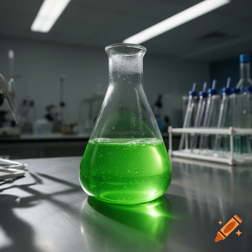 Close-up of an Erlenmeyer flask with bubbling green liquid on a reflective lab counter, with test tubes in the background.