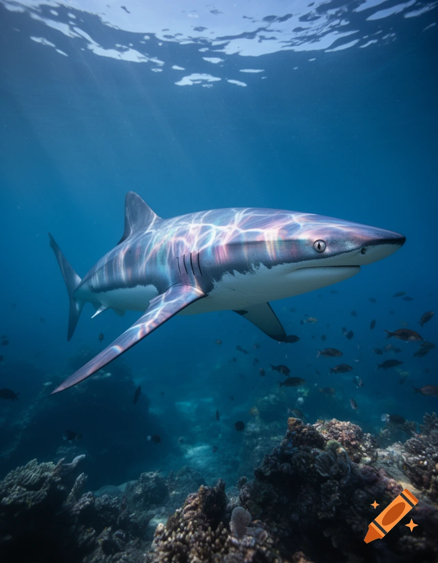 A shark swims underwater, with iridescent light reflecting off its skin, surrounded by coral and small fish.