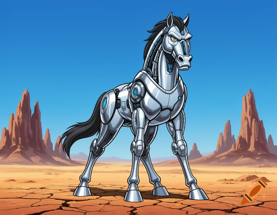 A cartoon-style robotic horse with a shiny silver body and black mane stands with an annoyed expression in a desert with mesas under a blue sky.