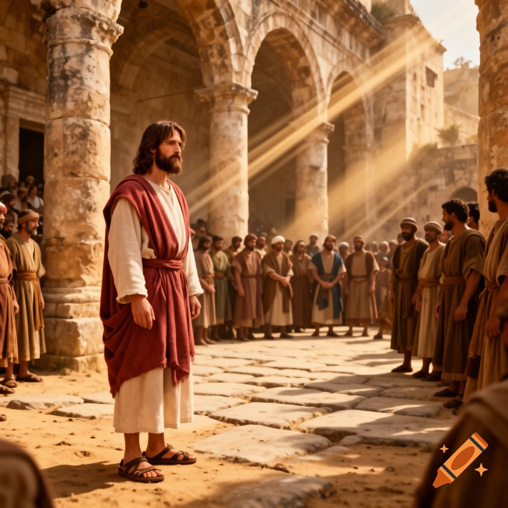 Jesus stands among a crowd in an ancient courtyard with strong sunbeams, photorealistic.