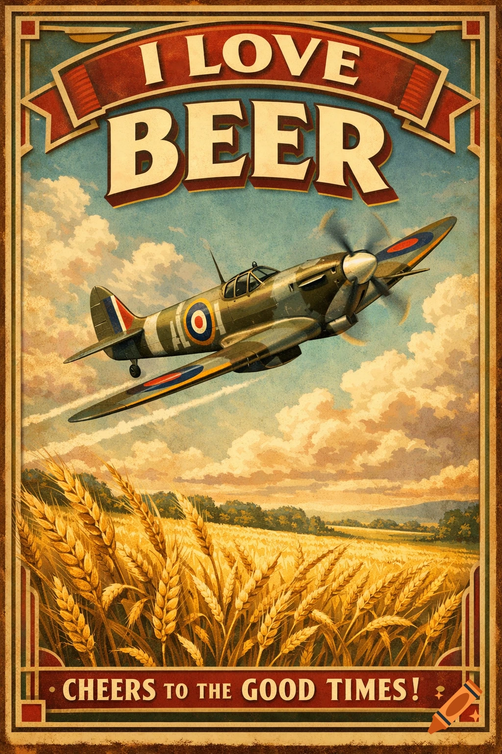 A vintage poster showing a Spitfire plane over a golden wheat field, with text 'I LOVE BEER' and 'CHEERS TO THE GOOD TIMES!'.