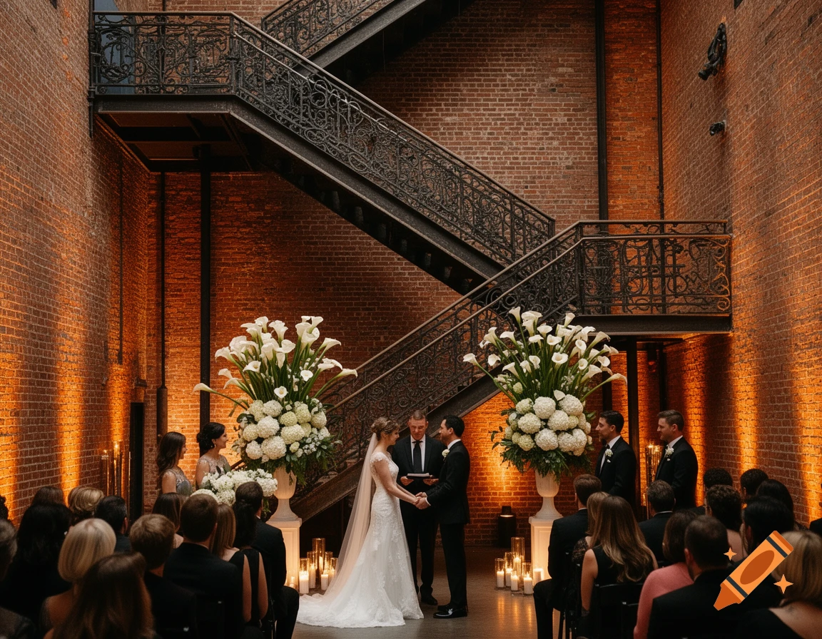 Photorealistic image of a wedding ceremony in an industrial chic venue with exposed brick, a wrought iron staircase, large white florals, and warm lighting.