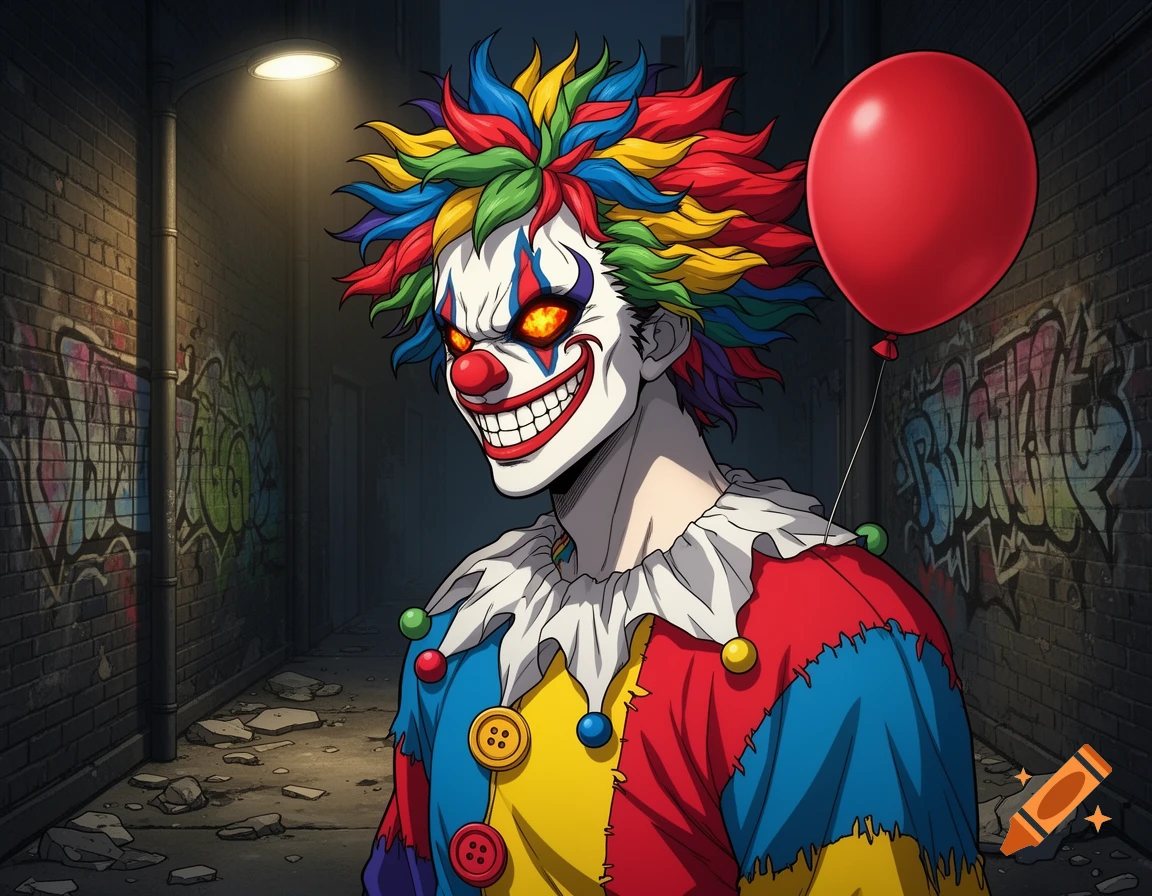 A menacing anime clown with colorful spiky hair, glowing eyes, and sharp teeth holds a red balloon in a dark, graffiti-covered alley.