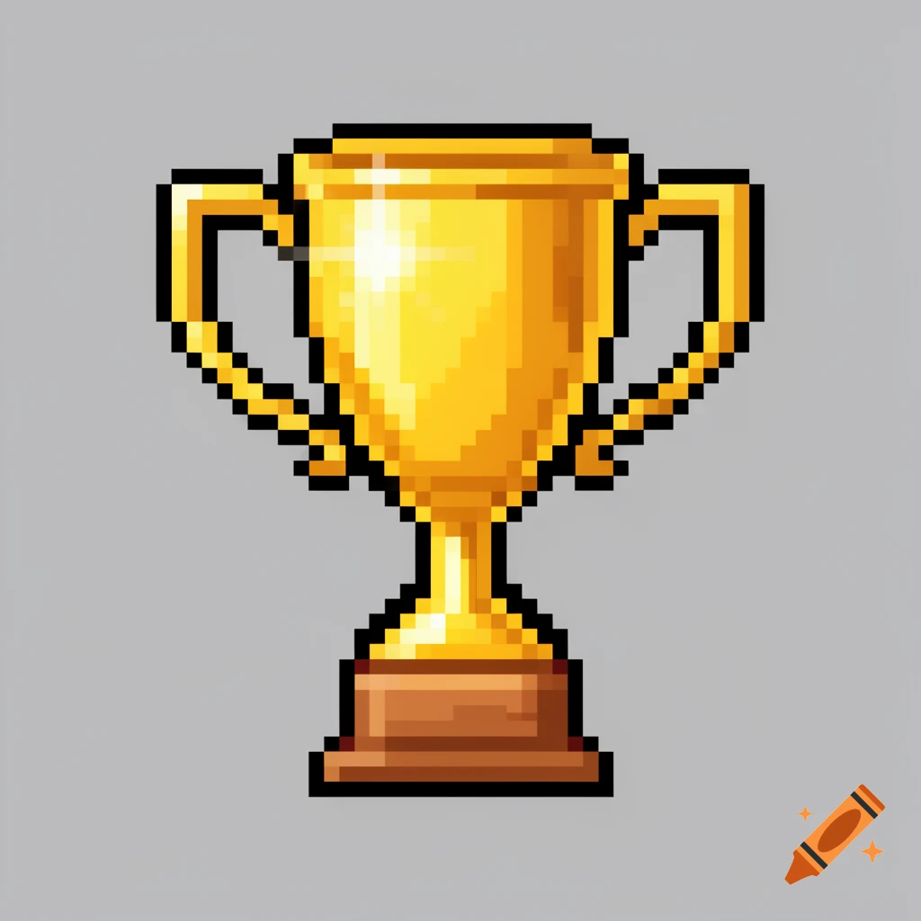 A shiny gold pixel art trophy with a wooden base on a solid gray background, in a retro 16-bit style.