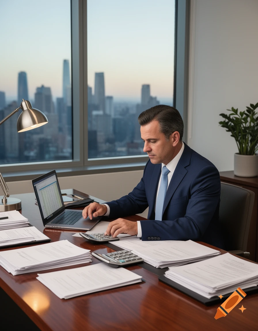 A man in a blue suit works on a laptop and calculator at a large desk in a modern office with a city skyline at sunset.