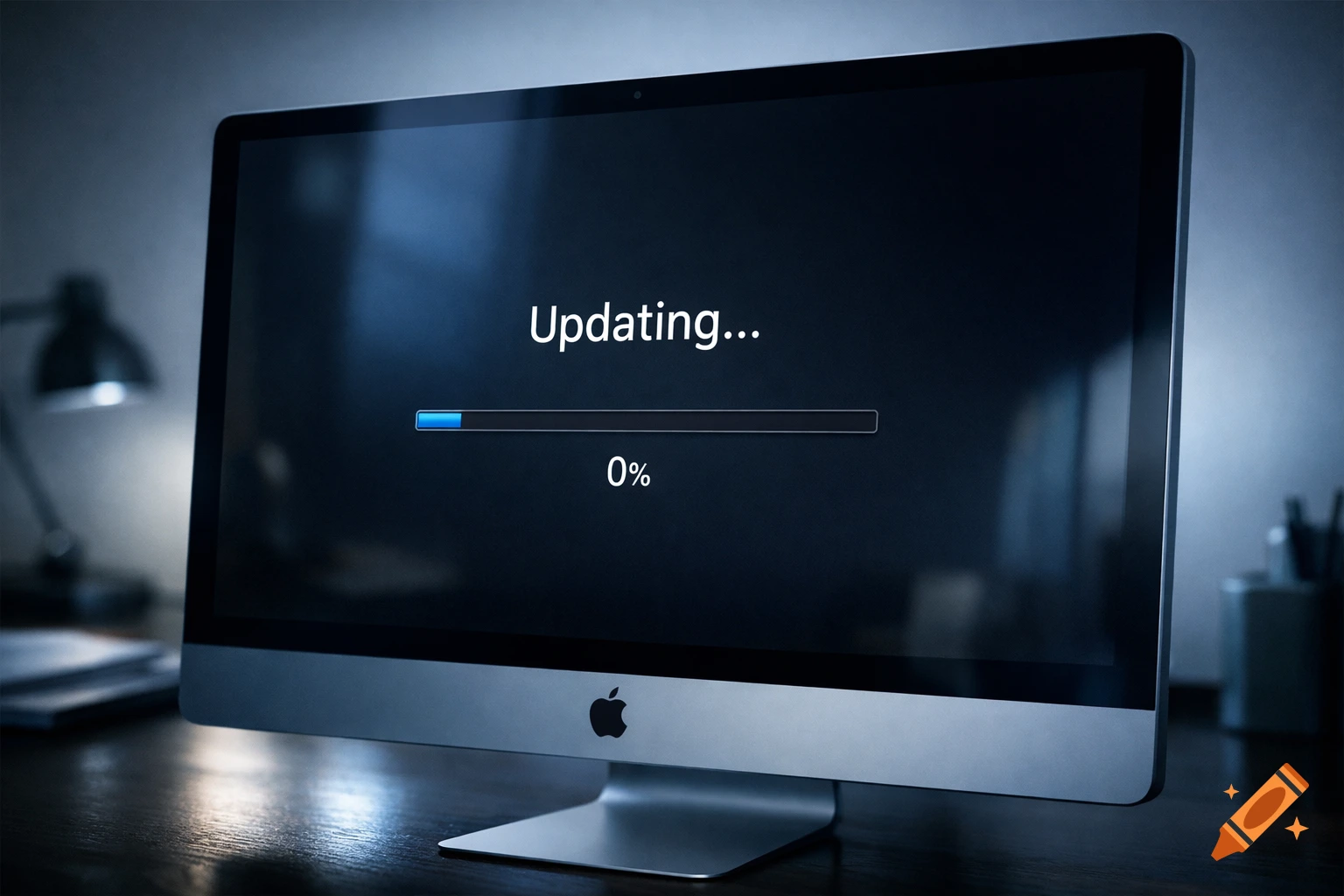 A close-up, photorealistic shot of an iMac screen displaying "Updating..." with a progress bar at 0%.