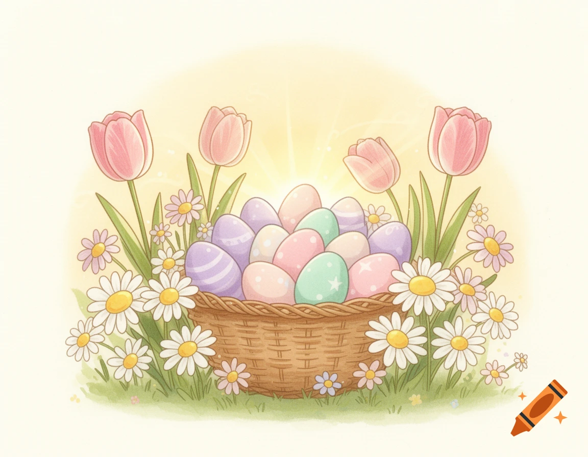 Watercolor illustration of a basket of pastel Easter eggs surrounded by pink tulips and white daisies under warm sunlight.