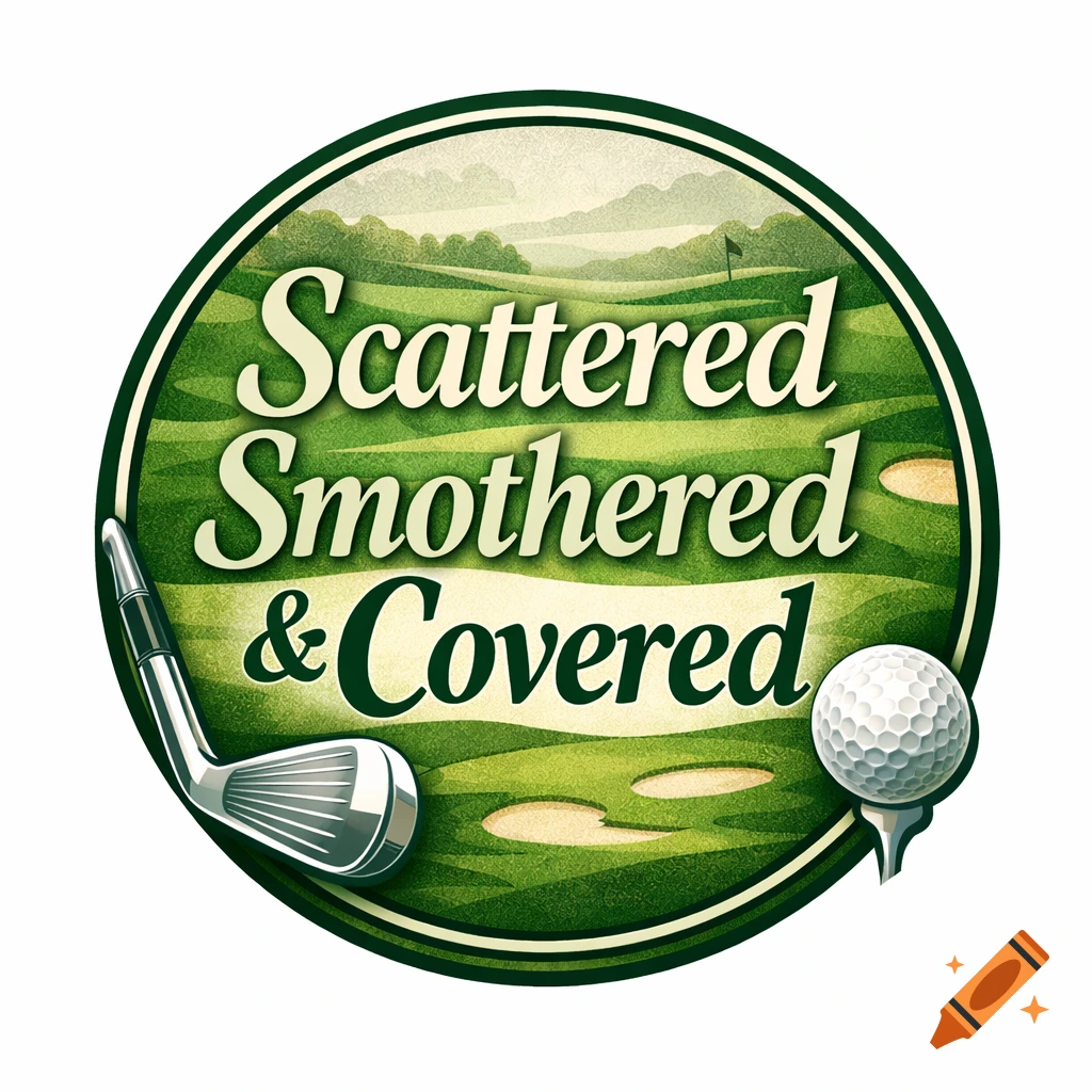A round logo for a golf podcast featuring a golf course, club, ball, and the text "Scattered Smothered & Covered".