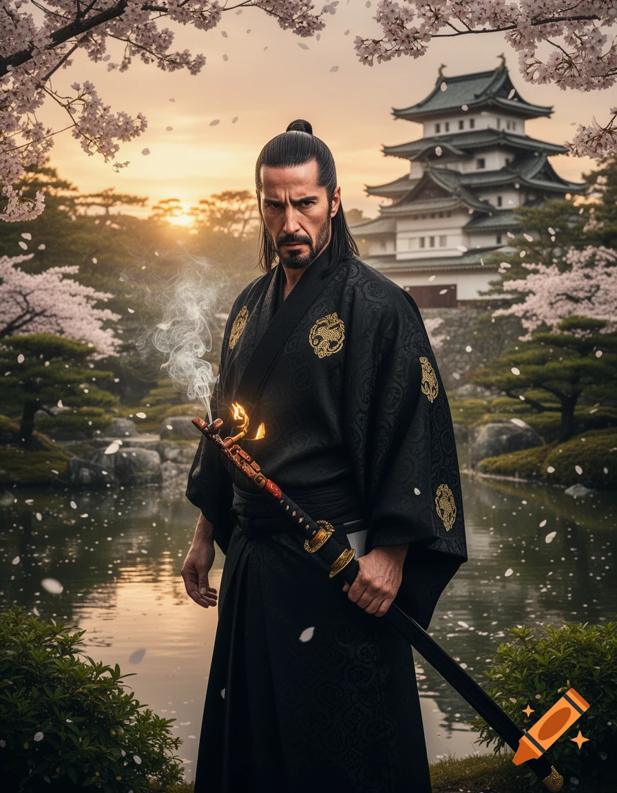 A stern samurai in a black kimono holds a flaming katana in a traditional Japanese garden with a castle, pond, and cherry blossoms at sunset.
