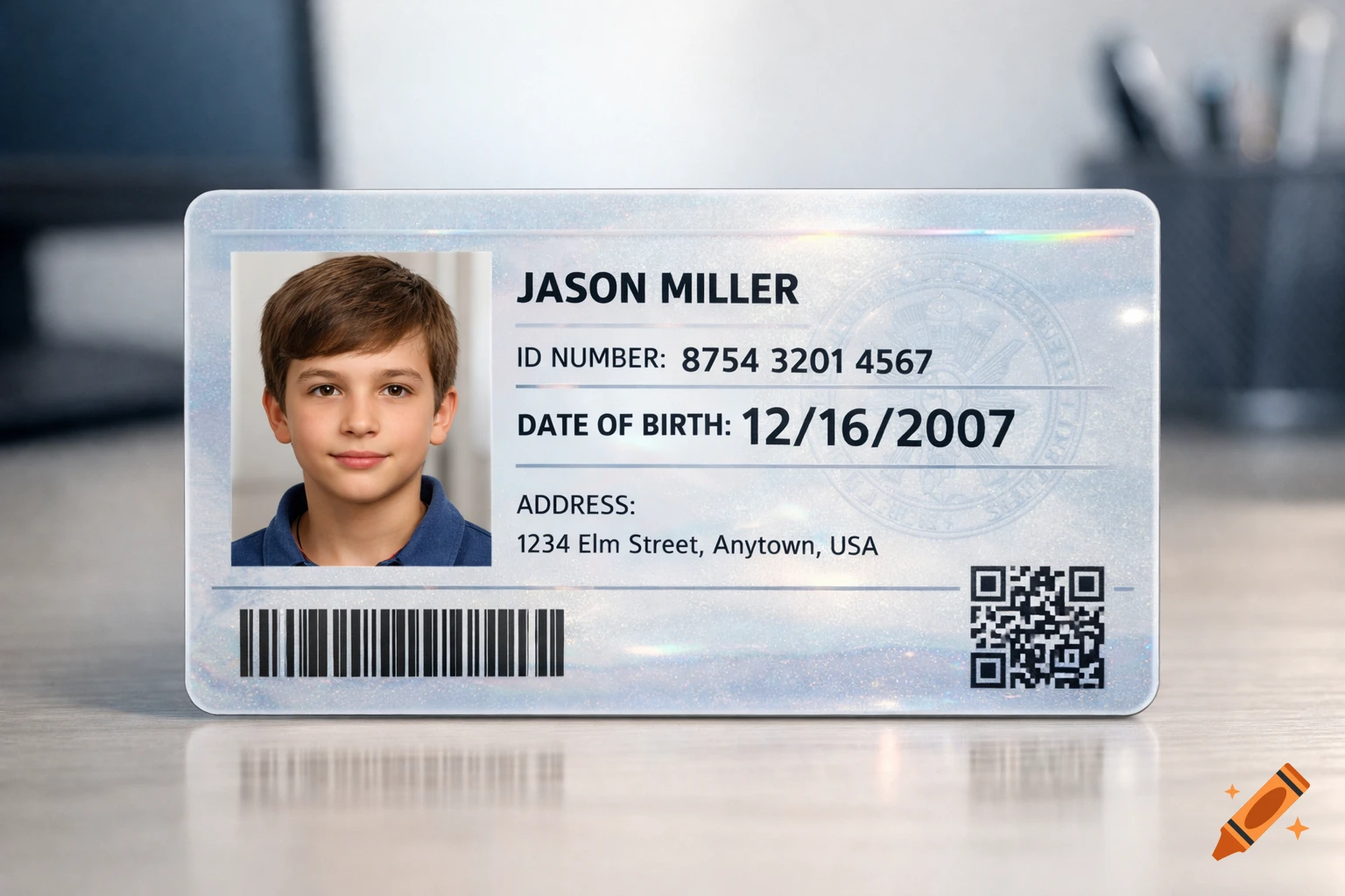 A realistic identification card for Jason Miller, a young boy, with a birthdate of 12/16/2007, an ID number, and an address.