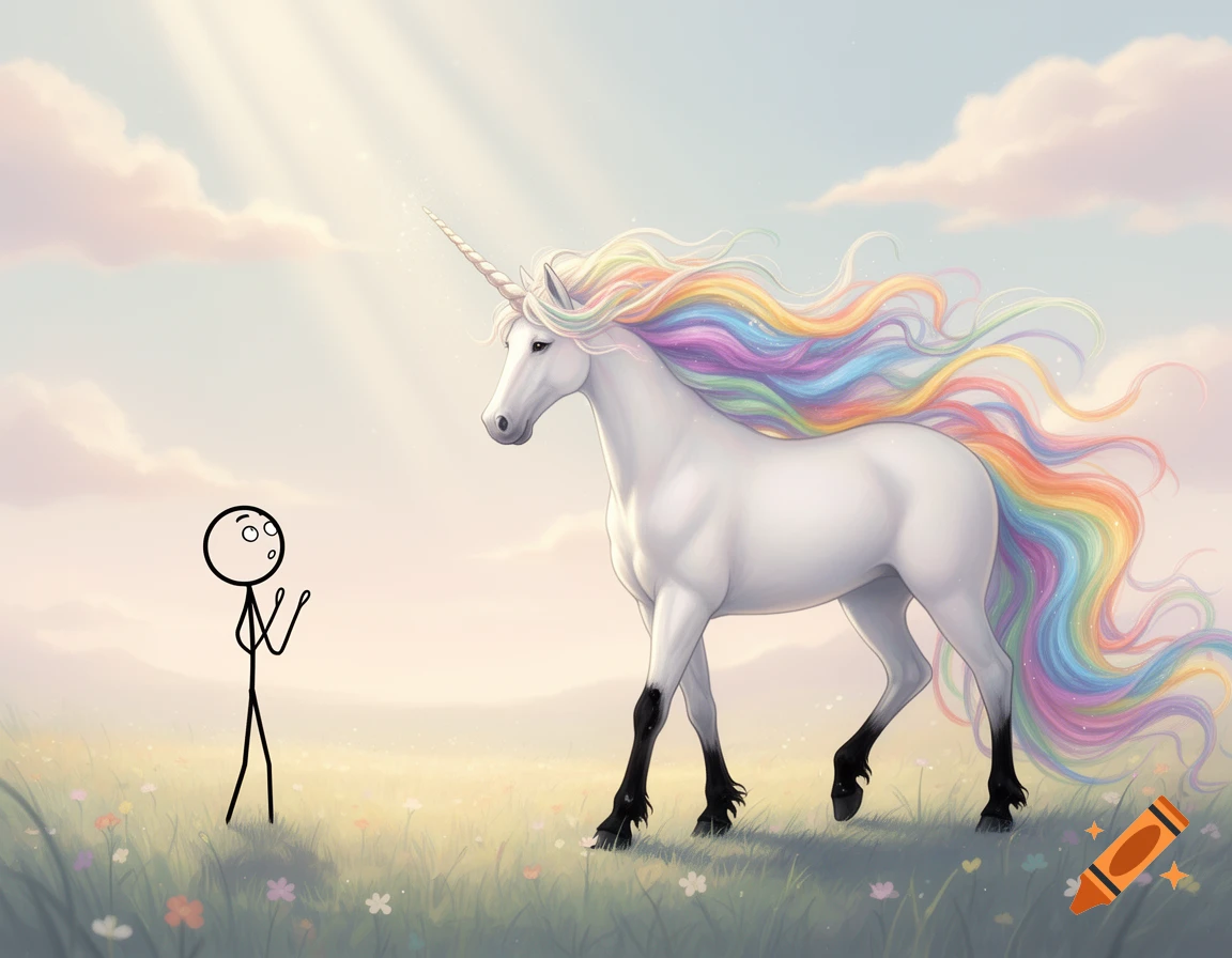 An amazed stick figure encounters a white unicorn with a long rainbow mane and tail in a sunny, whimsical field.