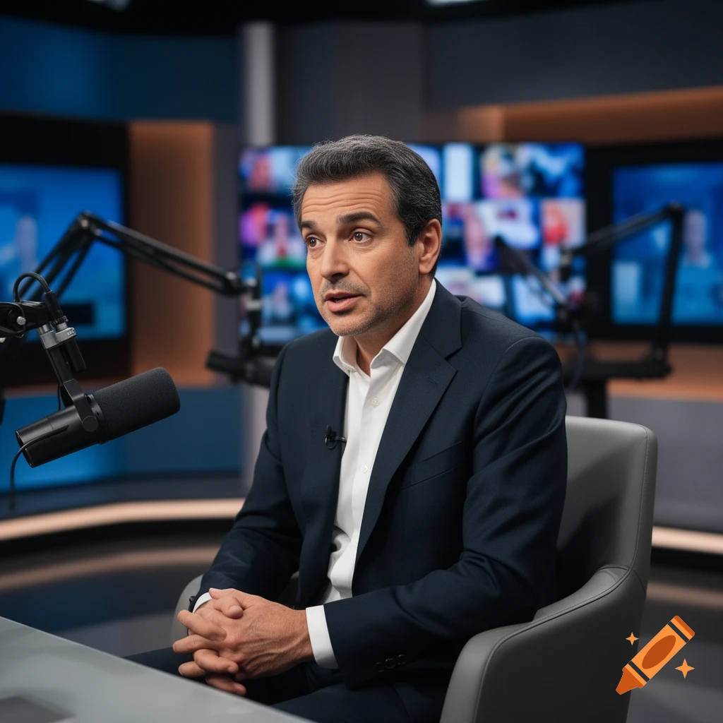 A man in a dark suit speaks into a microphone in a modern studio with multiple screens in the background.