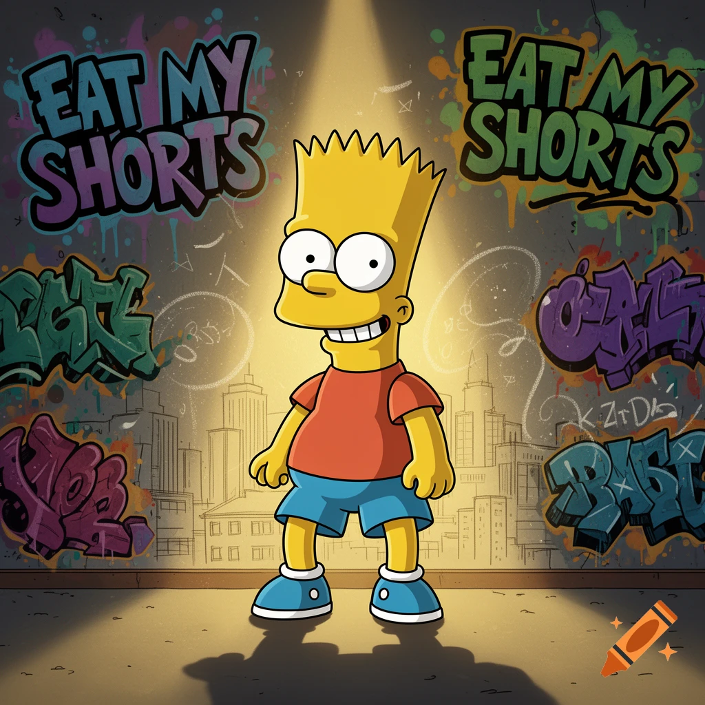 Bart Simpson stands in a spotlight against a graffiti-covered wall with "Eat My Shorts" written twice, and a stylized city in the background.