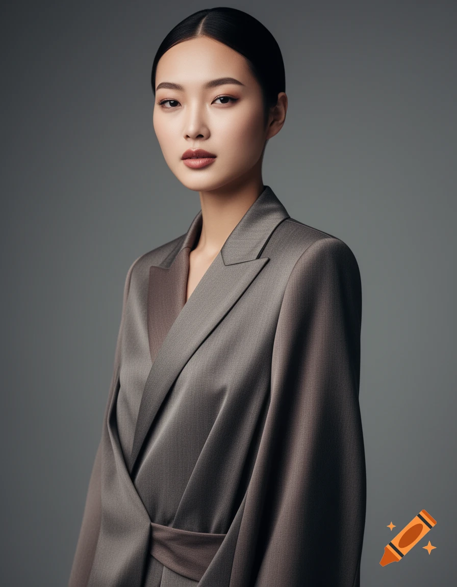 A sophisticated East Asian woman in a sleek, draped grey suit jacket, looking directly forward in a studio setting.