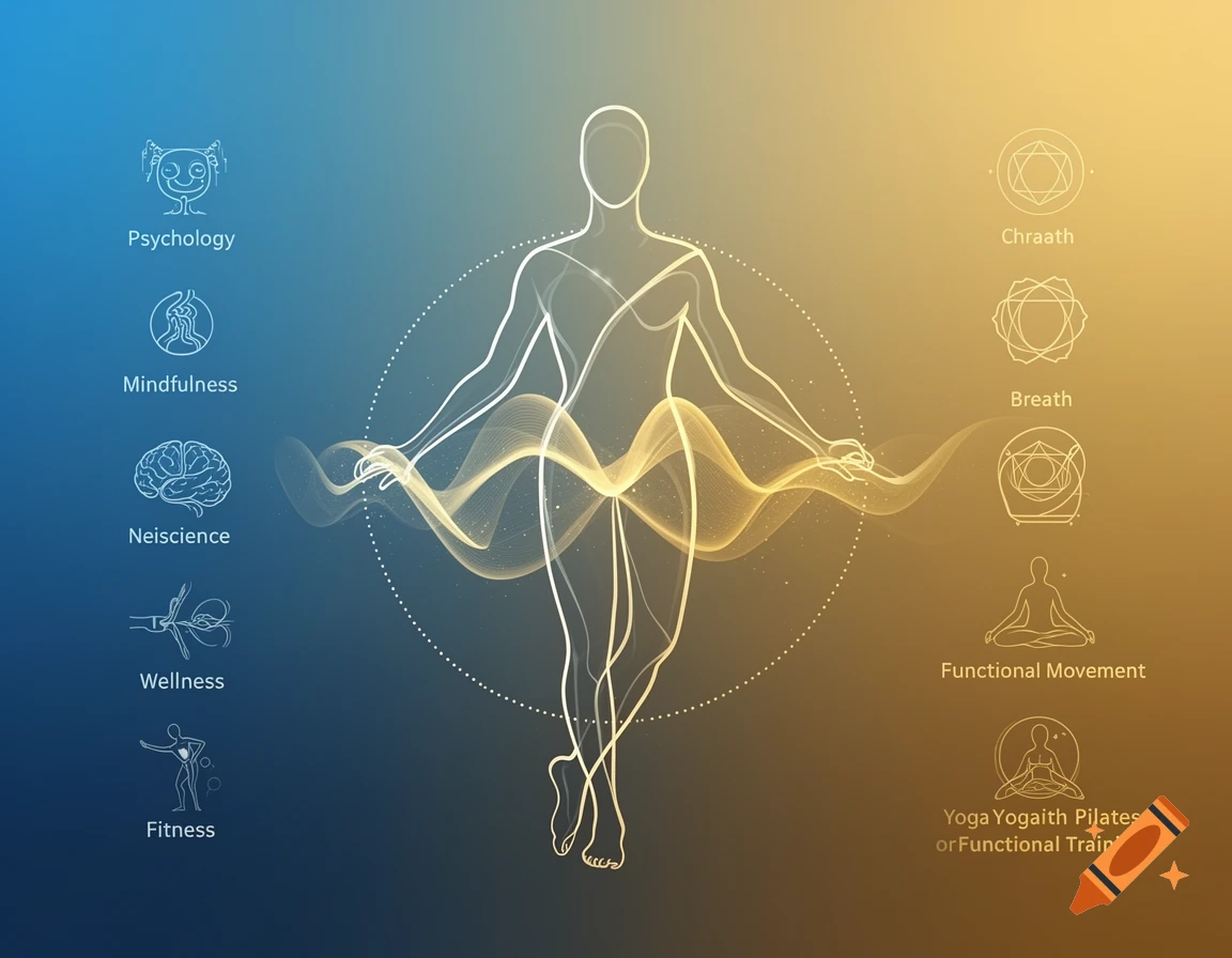 Stylized human figure with glowing lines, surrounded by icons and text representing psychology, mindfulness, wellness, and various physical and spiritual practices on a blue and gold gradient background.
