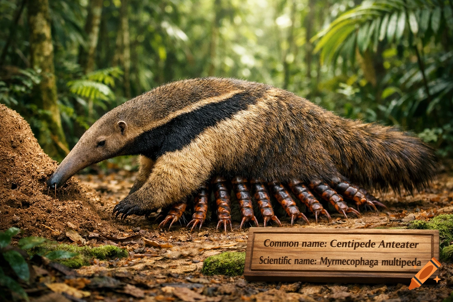 Photorealistic image of a centipede-anteater hybrid in a dense jungle, investigating a dirt mound with a sign reading 'Centipede Anteater'.