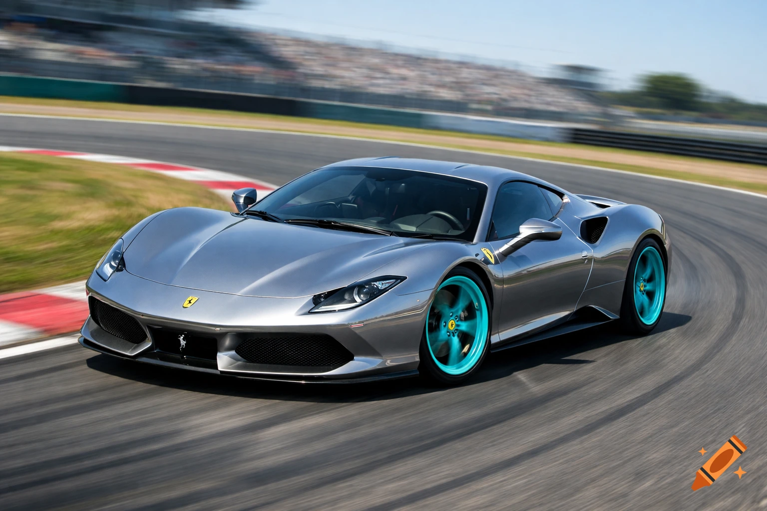 A silver Ferrari sports car with turquoise wheels speeding on a race track, captured from the side in a curve with background motion blur.