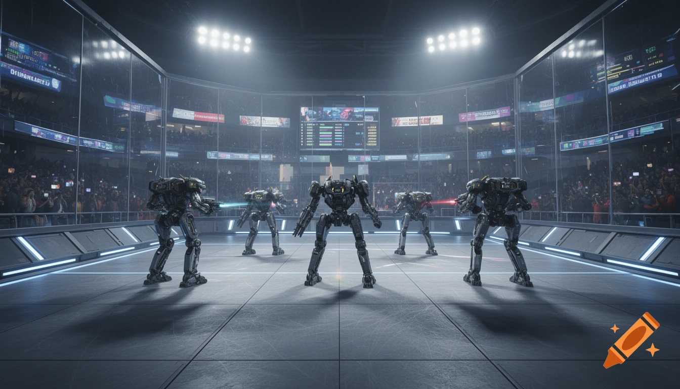 Five dark metallic mechs stand ready for battle in a brightly lit futuristic arena with spectators in the background.