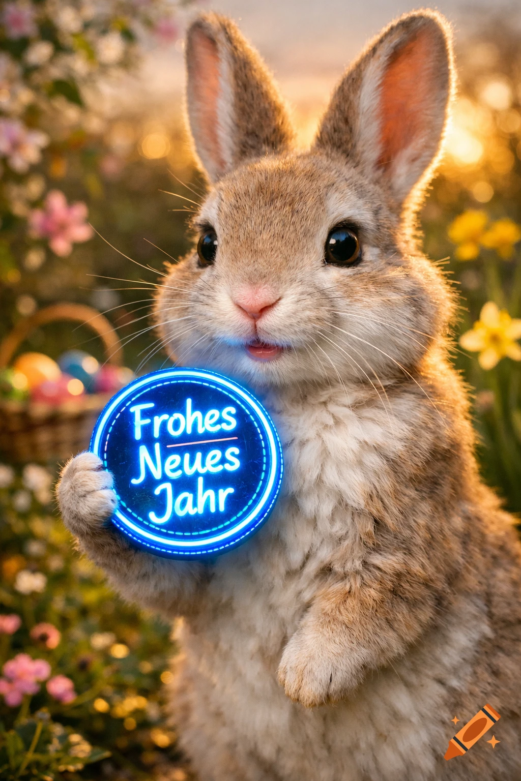 A fluffy photorealistic bunny holds a glowing blue neon sign wishing 'Frohes Neues Jahr' in a sunlit garden with flowers.