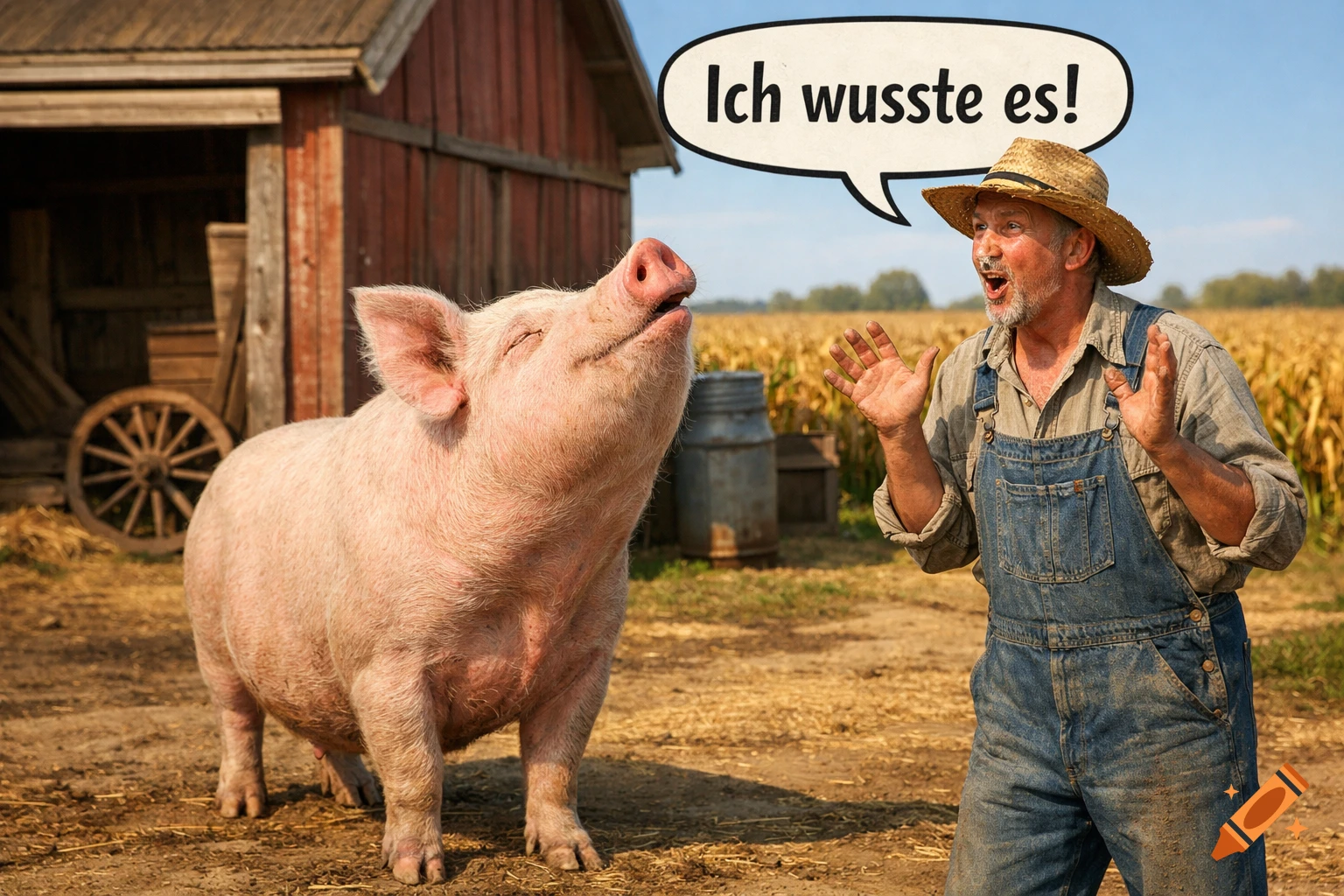 Photorealistic image of a farmer reacting with surprise next to a pig on a farm. A speech bubble above the farmer says "Ich wusste es!"