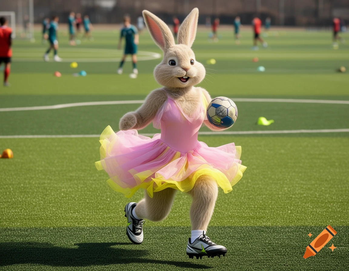 A photorealistic anthropomorphic bunny in a pink tutu dress and soccer shoes runs on a green sports field, holding a soccer ball.