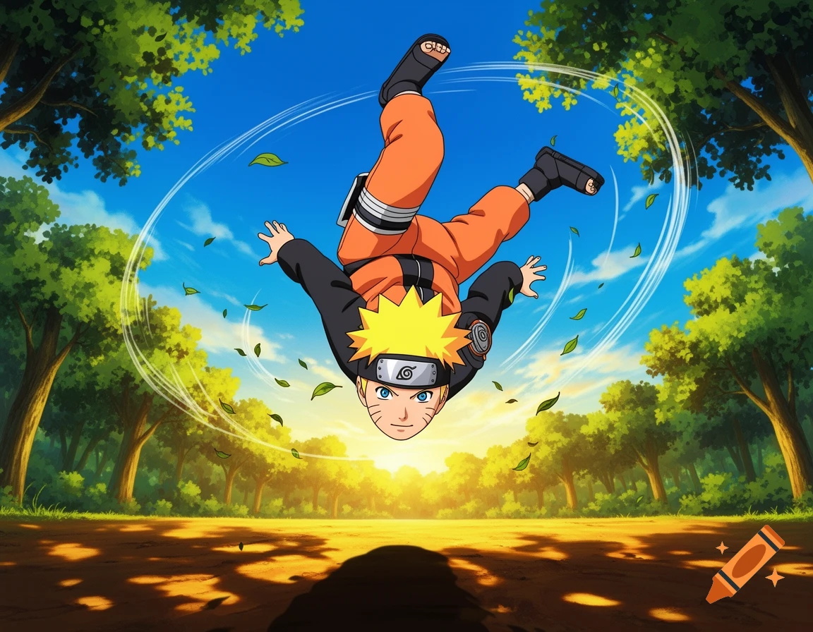 Naruto performs a mid-air backflip over a forest clearing with a bright sun, in an anime style.