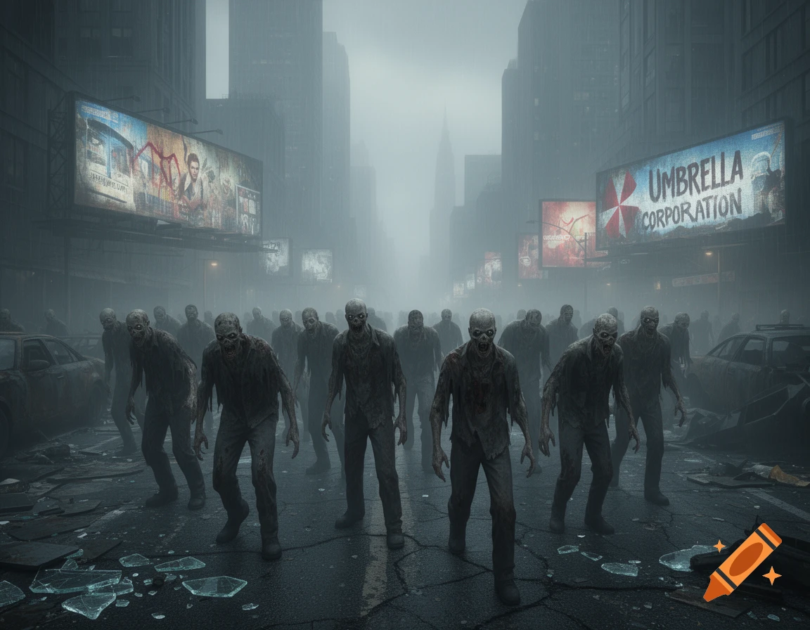 A horde of zombies walks down a foggy, ruined city street lined with billboards, one prominently displaying 'Umbrella Corporation'.