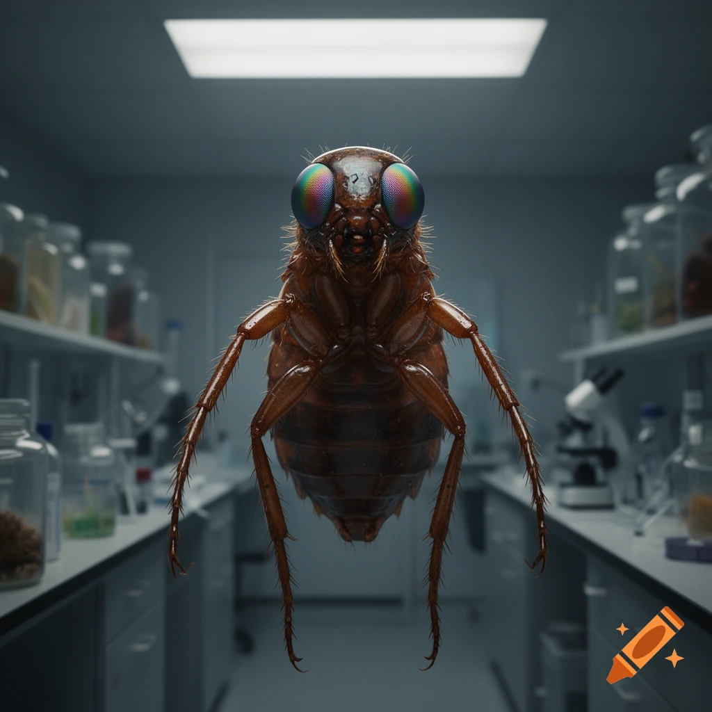 A highly detailed, photorealistic image of a giant flea-like creature with iridescent eyes, centered in a dimly lit laboratory.