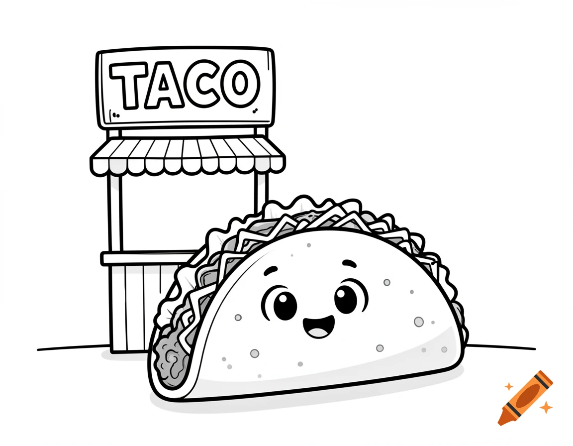 Black-and-white line art cartoon of a smiling taco in front of a taco stand with a 'TACO' sign.