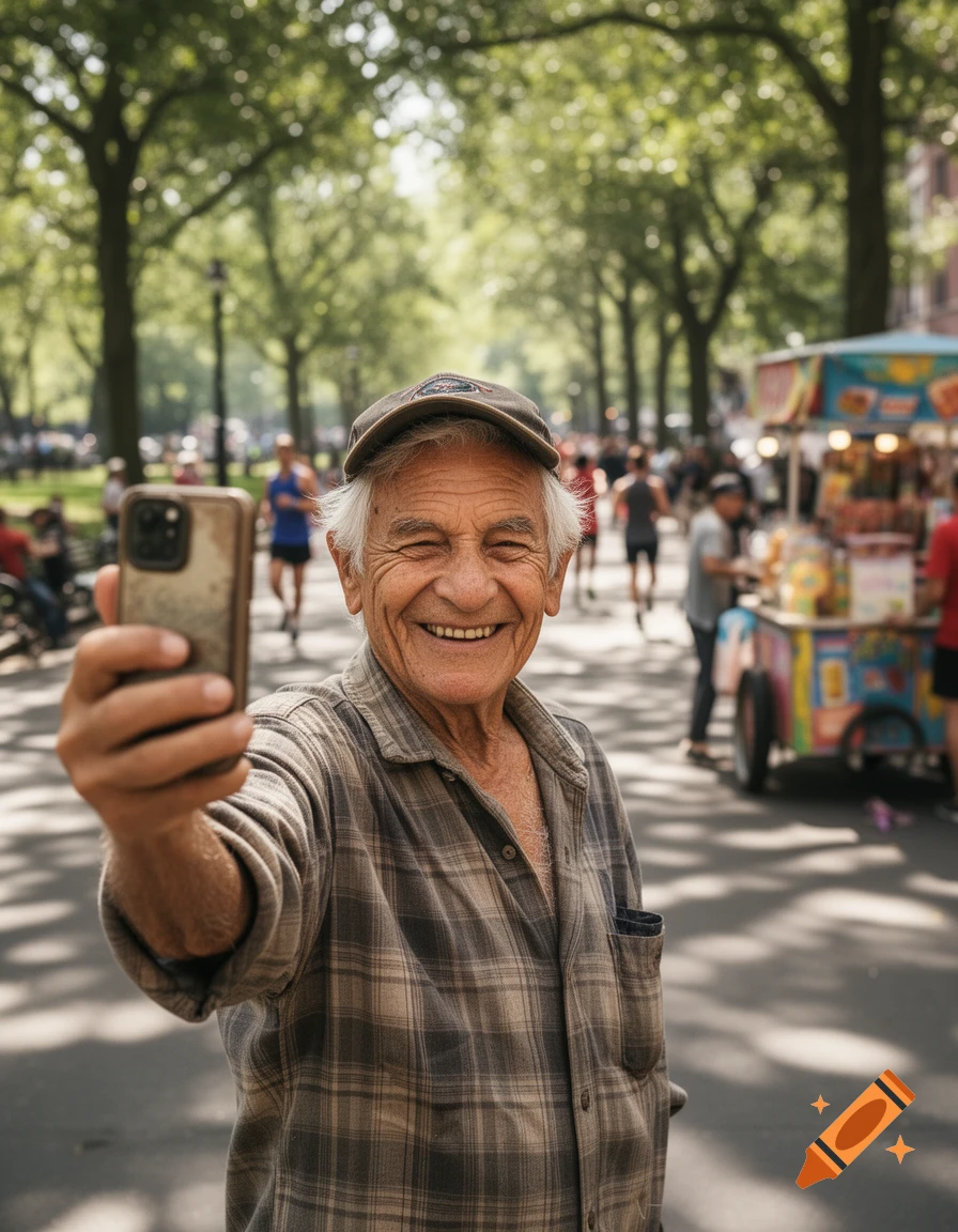 An old man with a cap smiling and taking a selfie in a park on a sunny day.