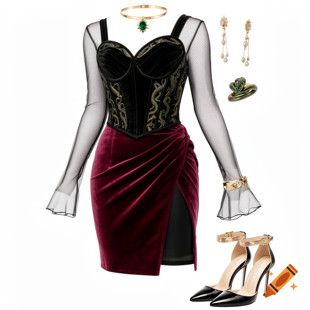 A black velvet corset with gold patterns, mesh sleeves, a red velvet mini skirt, black heels, and gold and green gemstone accessories.