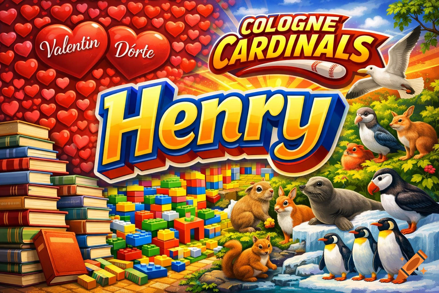 A vibrant illustration featuring the large 3D name 'Henry', 'Valentin' and 'Dörte' in hearts, 'Cologne Cardinals' text, stacks of books, colorful Lego bricks, and various animals like squirrels, rabbits, seals, penguins, and birds.