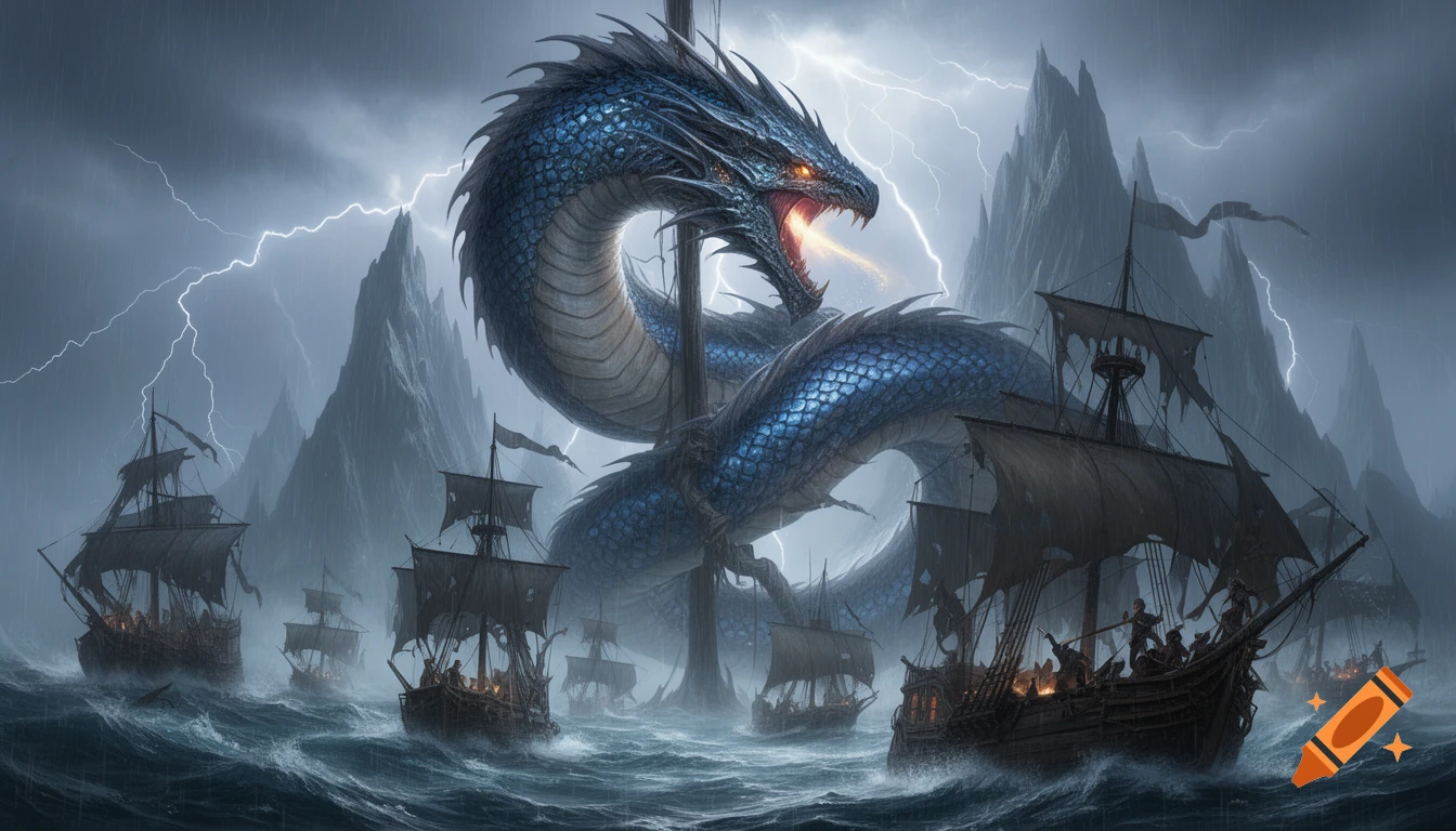 A massive blue sea dragon attacks pirate ships amidst a stormy ocean with lightning and jagged mountains.