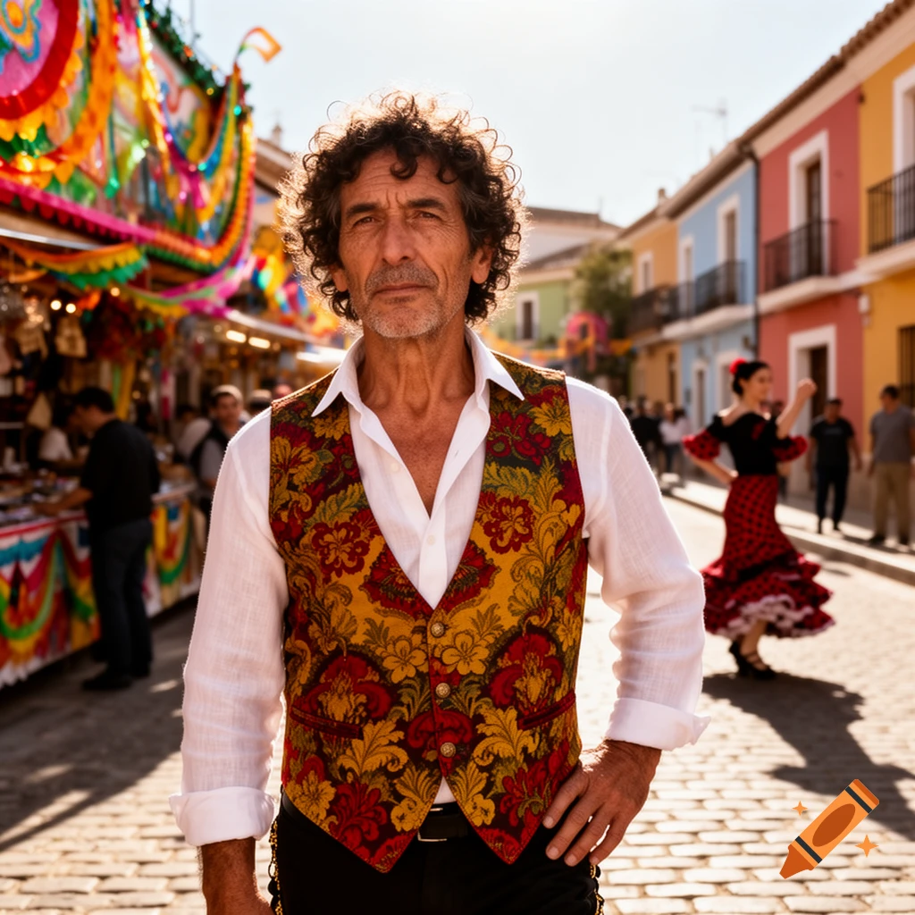 A man with curly hair and a patterned vest stands on a cobblestone street, with a colorful market and a dancing woman in the background.
