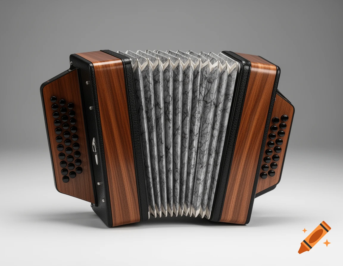 A hyper-realistic bandoneon with a walnut wood body, grey marble bellows, black leather edges, and black buttons, set against a grey background.