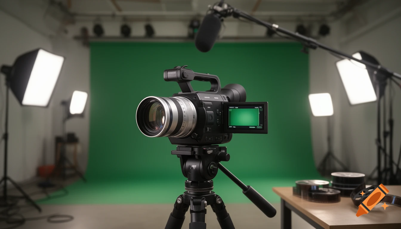 A professional video camera on a tripod in a studio with green screen, lights, a boom mic, and film reels.