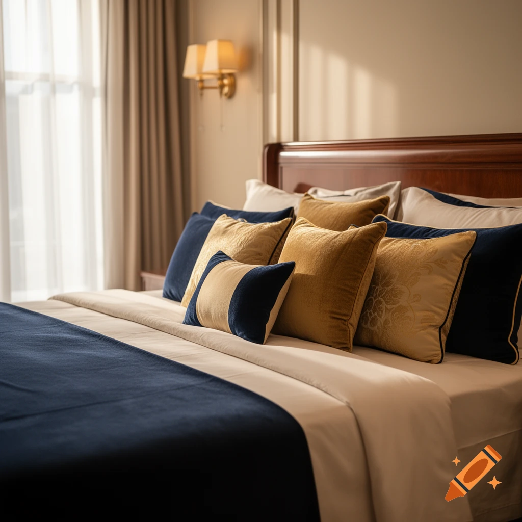 A luxurious hotel bed with a dark blue blanket, white sheets, and multiple gold and blue pillows.