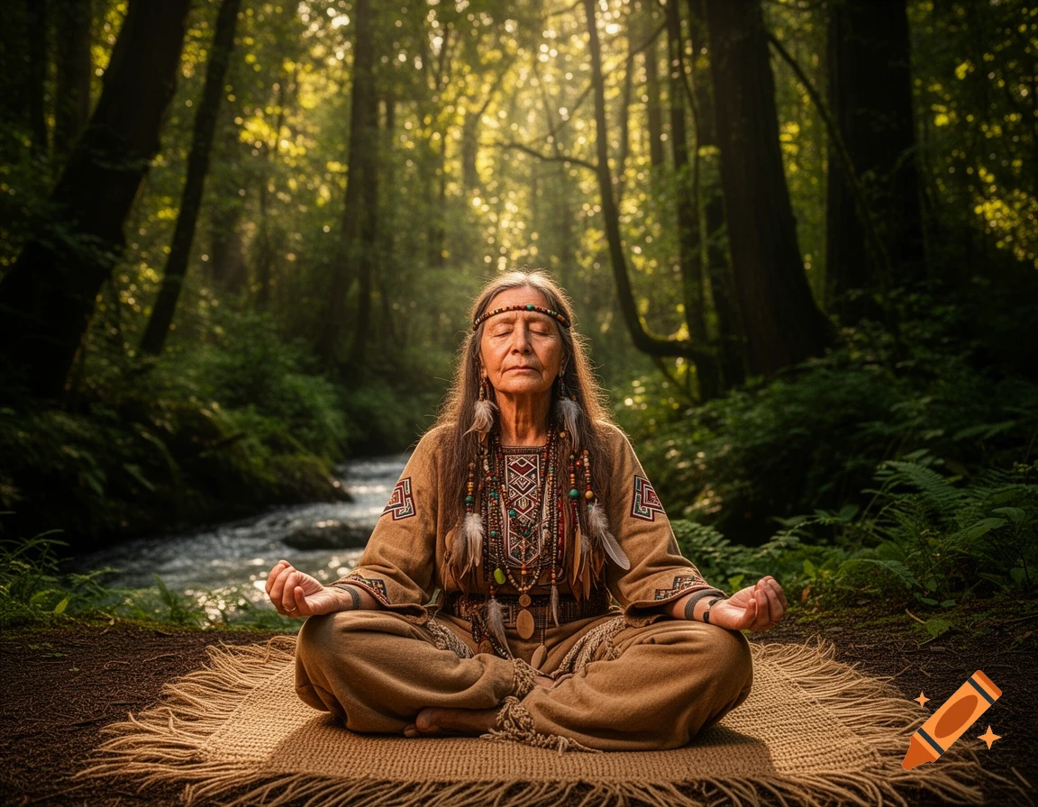 An older shamanic woman with closed eyes meditates in a peaceful forest by a river, sitting on a mat.