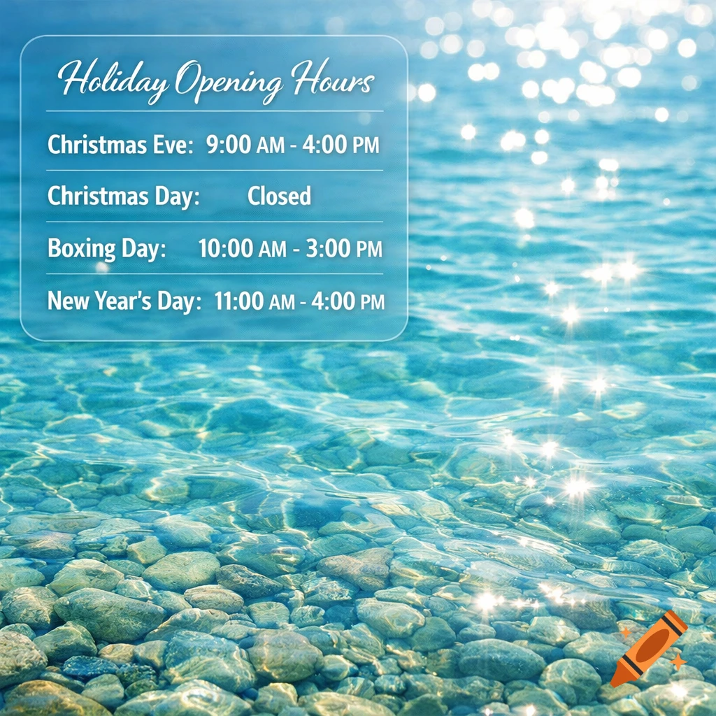 Holiday opening hours in a translucent box over clear turquoise water with rocks visible below.