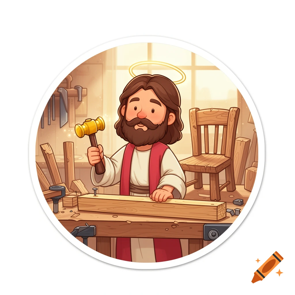 Cartoon sticker of Jesus as a carpenter, holding a golden hammer over a wooden plank with a halo.