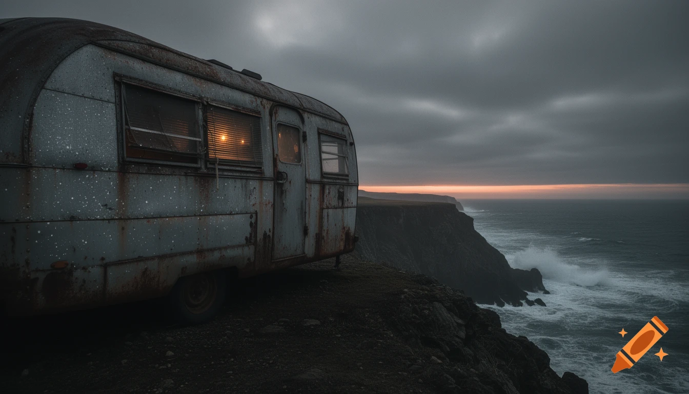 A rusty vintage trailer sits on a dark cliff edge overlooking a stormy ocean with a faint sunset glow on the horizon.