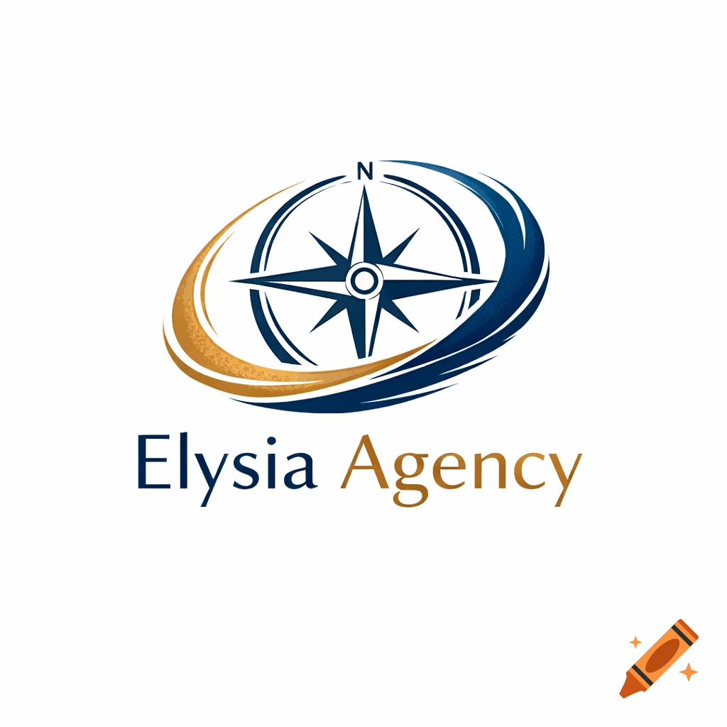 A logo for Elysia Agency, featuring a dark blue compass rose within a golden and blue swirling oval, with the name 'Elysia Agency' in text below.